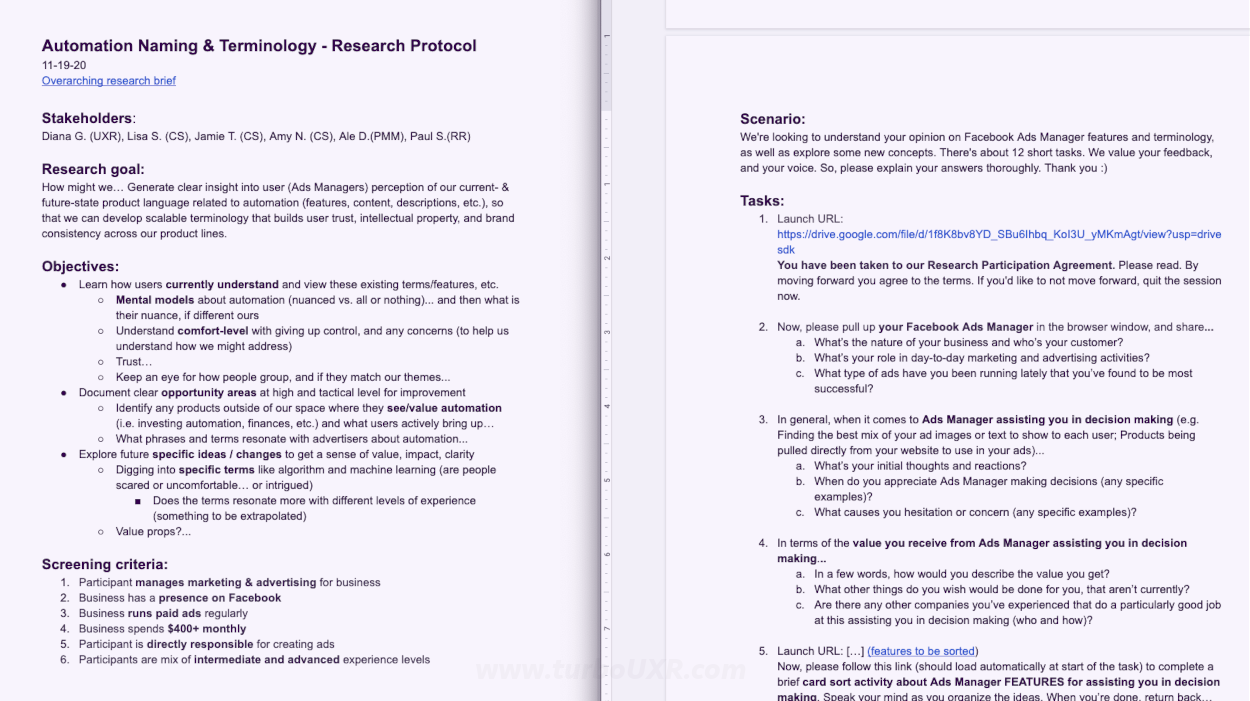 Research Protocol example from previous UXR work