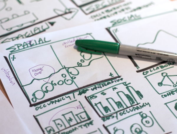 Sketches of paper-based design prototypes with data graphs and markings