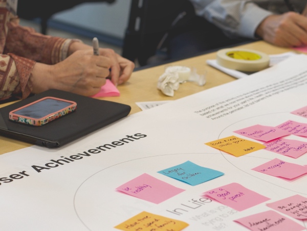 Corporate workers writing ideas on sticky notes based on user experience research
