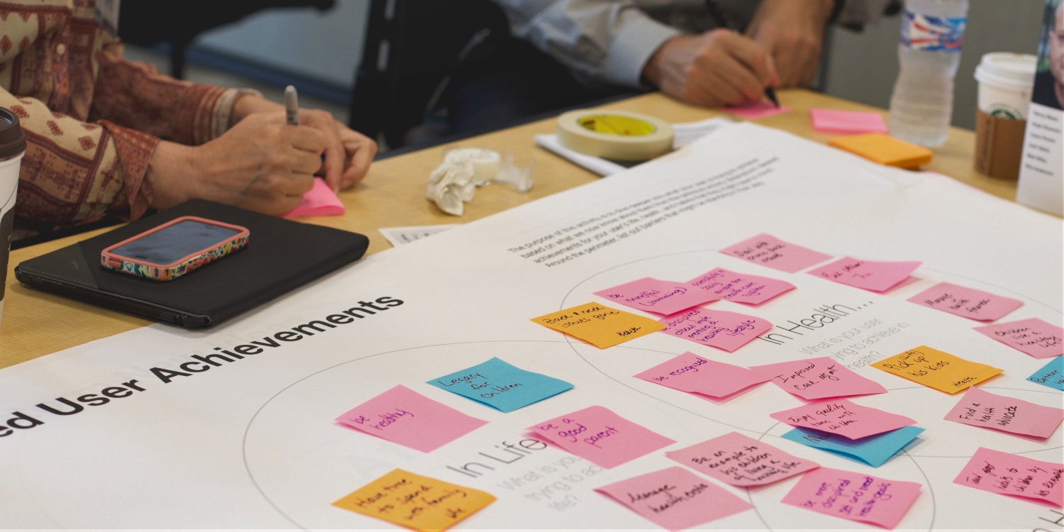 Corporate workers writing ideas on sticky notes based on user experience research