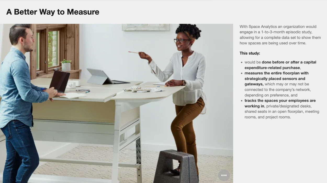 Examples of the marketing material of Steelcase Space Analytics service to measure and track space usage