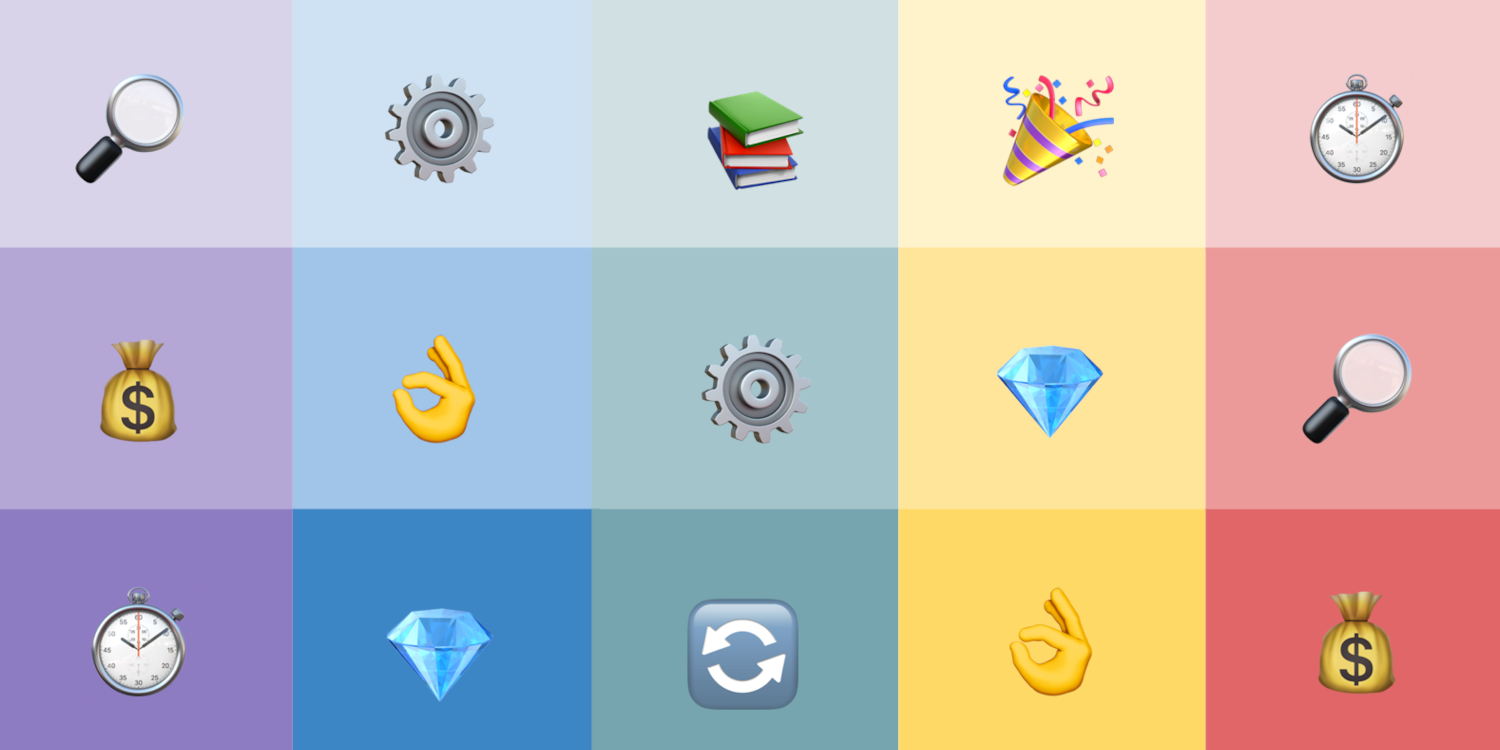 Variety of empoji's with colorful backgrounds depicting money, automation, celebration and more