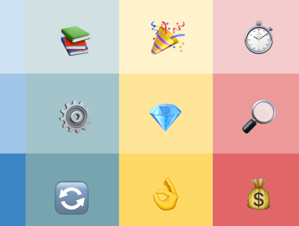Variety of empoji's with colorful backgrounds depicting money, automation, celebration and more